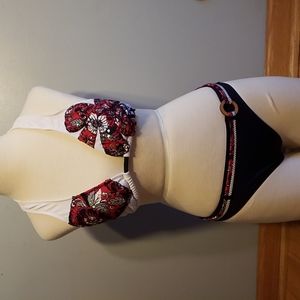 3/$25 Reebok BIKINI Size S 2 PIECE BLACK WHITE RED SEQUIN FLOWER